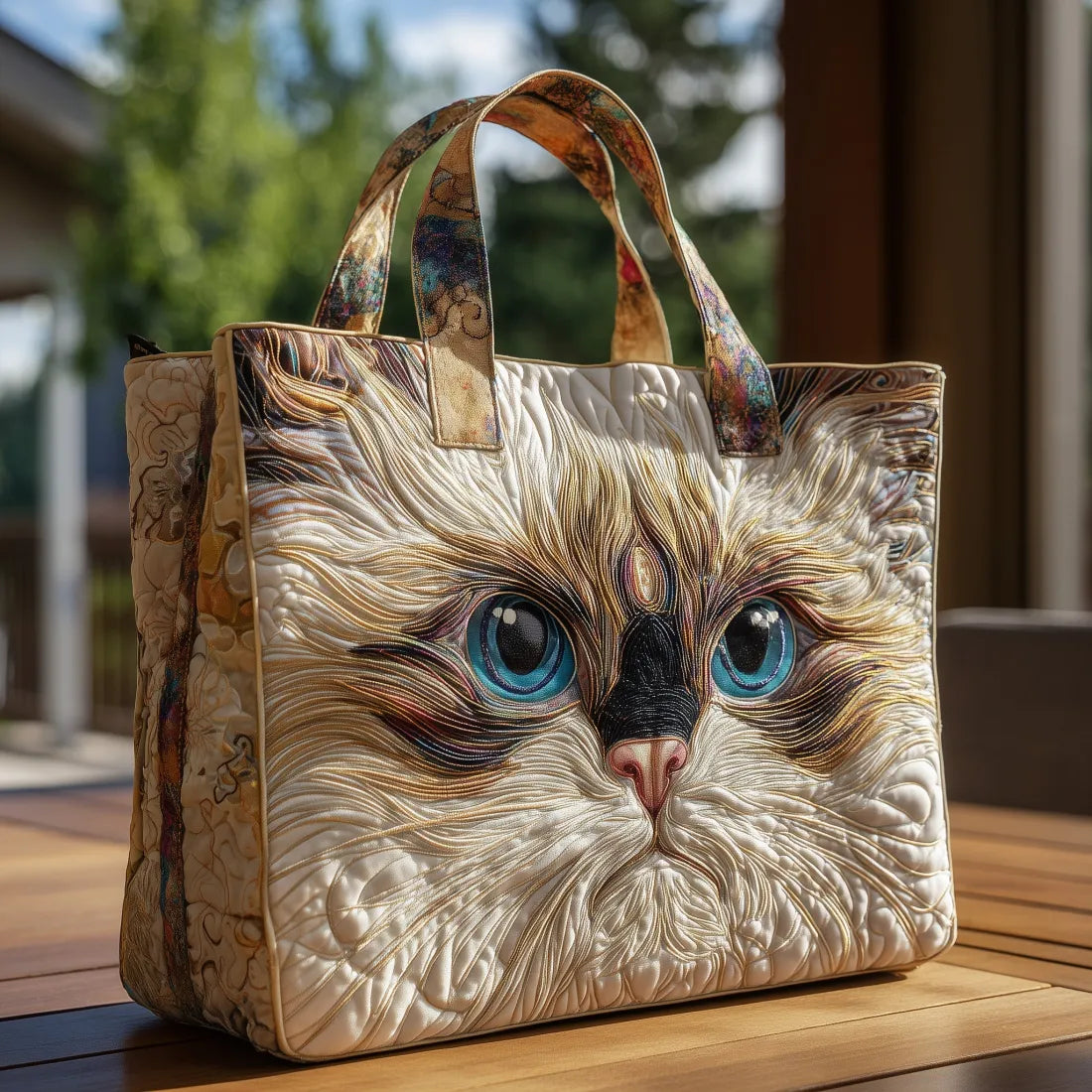 Artisanal Tote Bag - White Cat with Blue Eyes