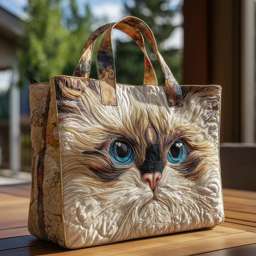 Artisanal Tote Bag - White Cat with Blue Eyes