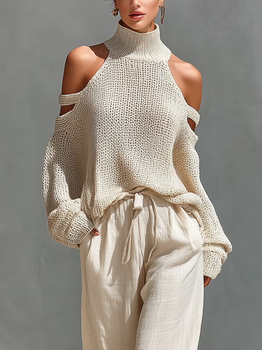Beige Knit Fabric Cold-Shoulder Turtleneck Top & Wide-Leg Pants Set