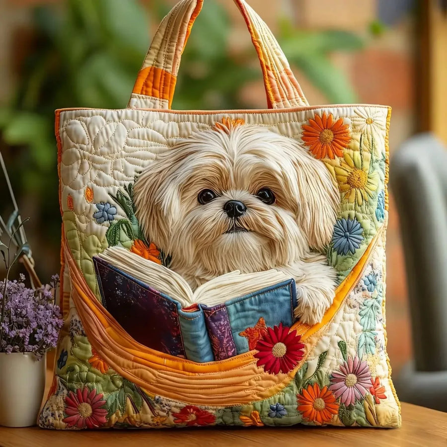 Handmade Bag - Shih Tzu with Books and Flowers