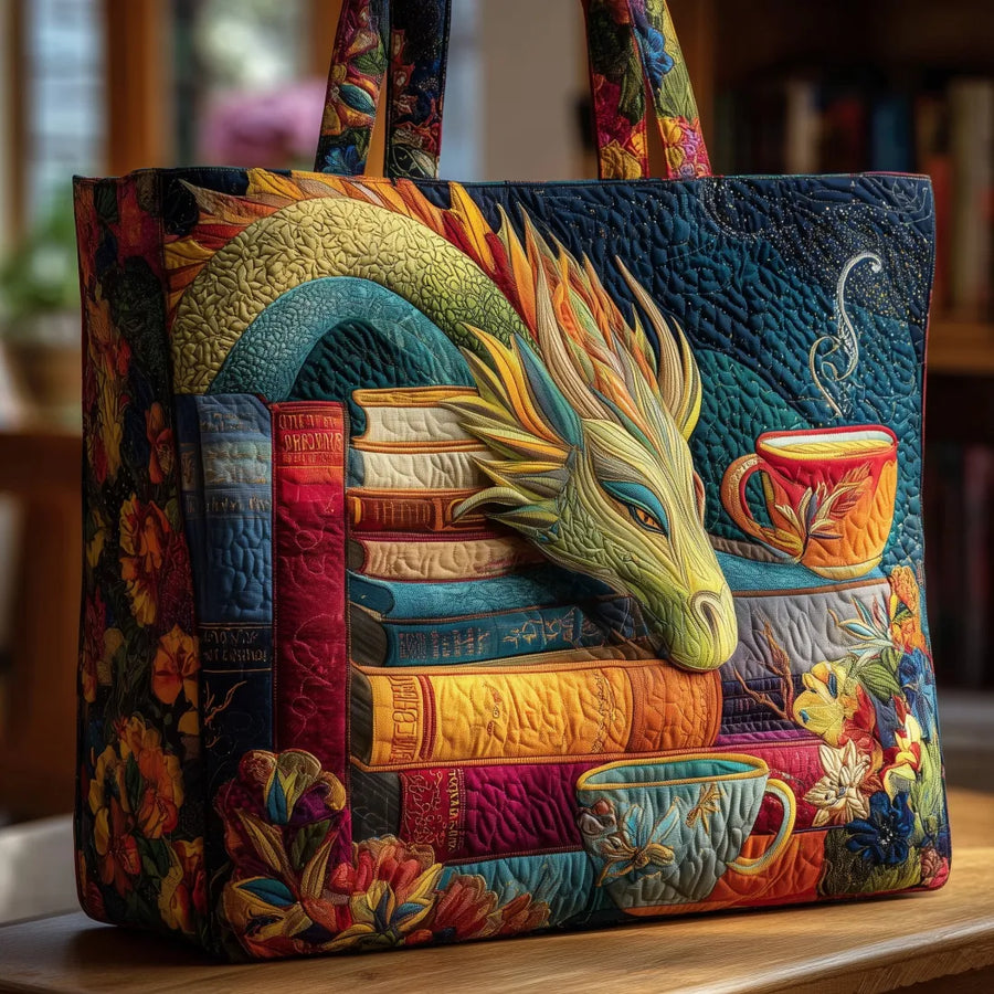 Artisanal Tote Bag - Dragon Reader with Books and Bags