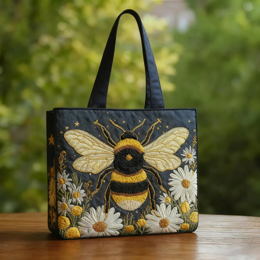 Artisanal Tote Bag - Bee with Daisies and Stars