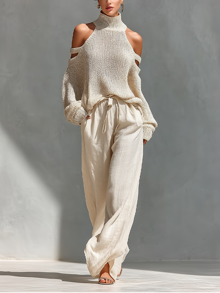 Beige Knit Fabric Cold-Shoulder Turtleneck Top & Wide-Leg Pants Set