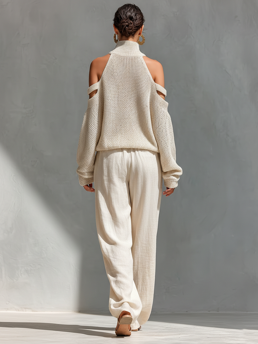 Beige Knit Fabric Cold-Shoulder Turtleneck Top & Wide-Leg Pants Set