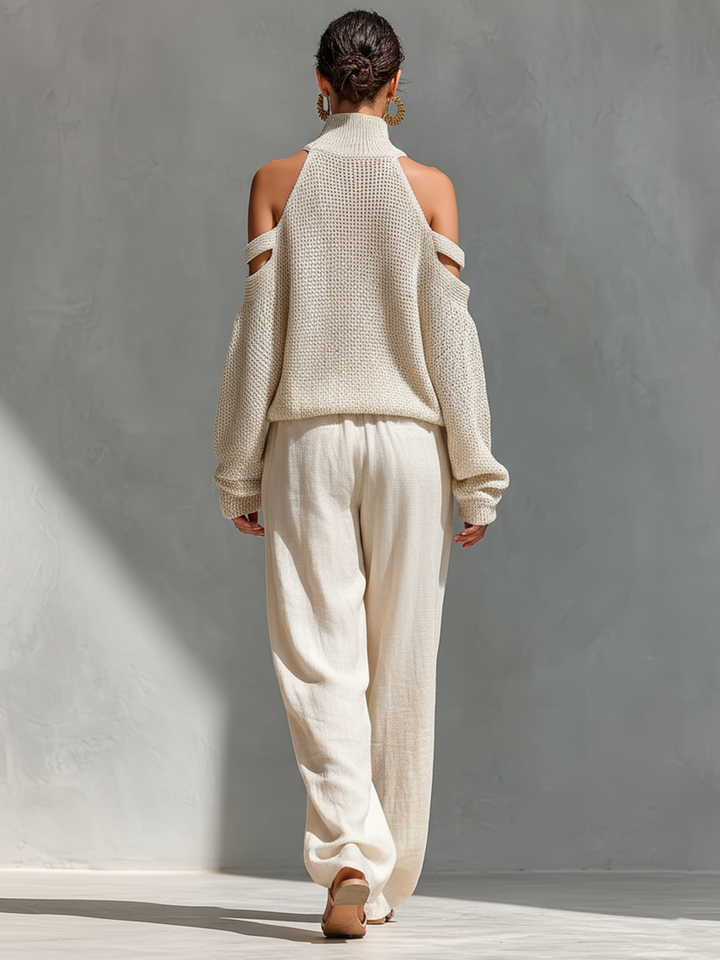 Beige Knit Fabric Cold-Shoulder Turtleneck Top & Wide-Leg Pants Set