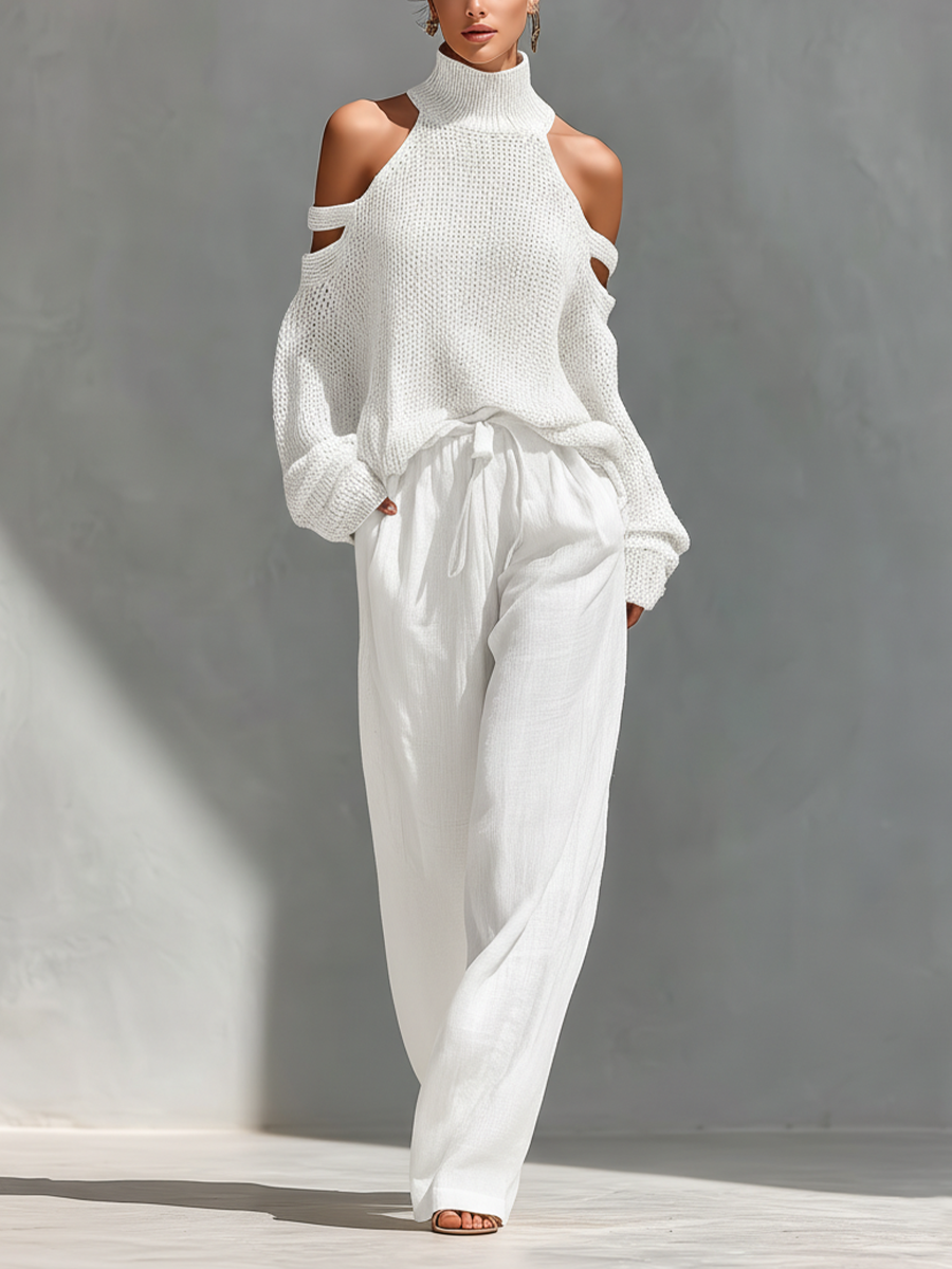 Beige Knit Fabric Cold-Shoulder Turtleneck Top & Wide-Leg Pants Set