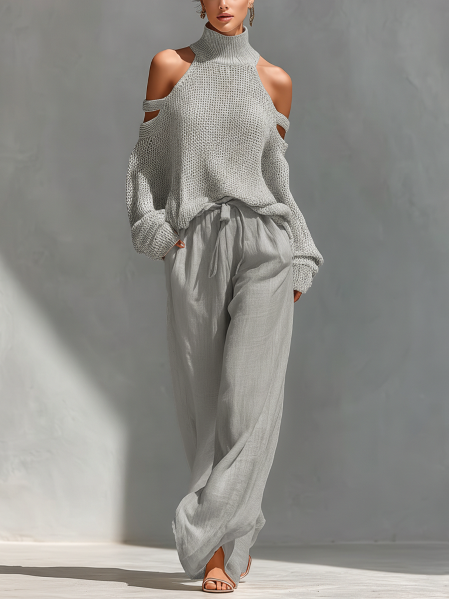 Beige Knit Fabric Cold-Shoulder Turtleneck Top & Wide-Leg Pants Set
