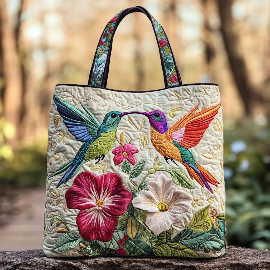 Lined Tote Bag - Hummingbird and White Flowers