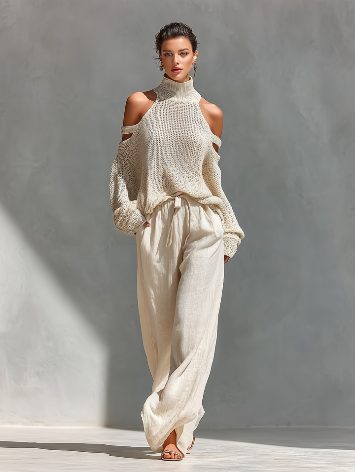 Beige Knit Fabric Cold-Shoulder Turtleneck Top & Wide-Leg Pants Set